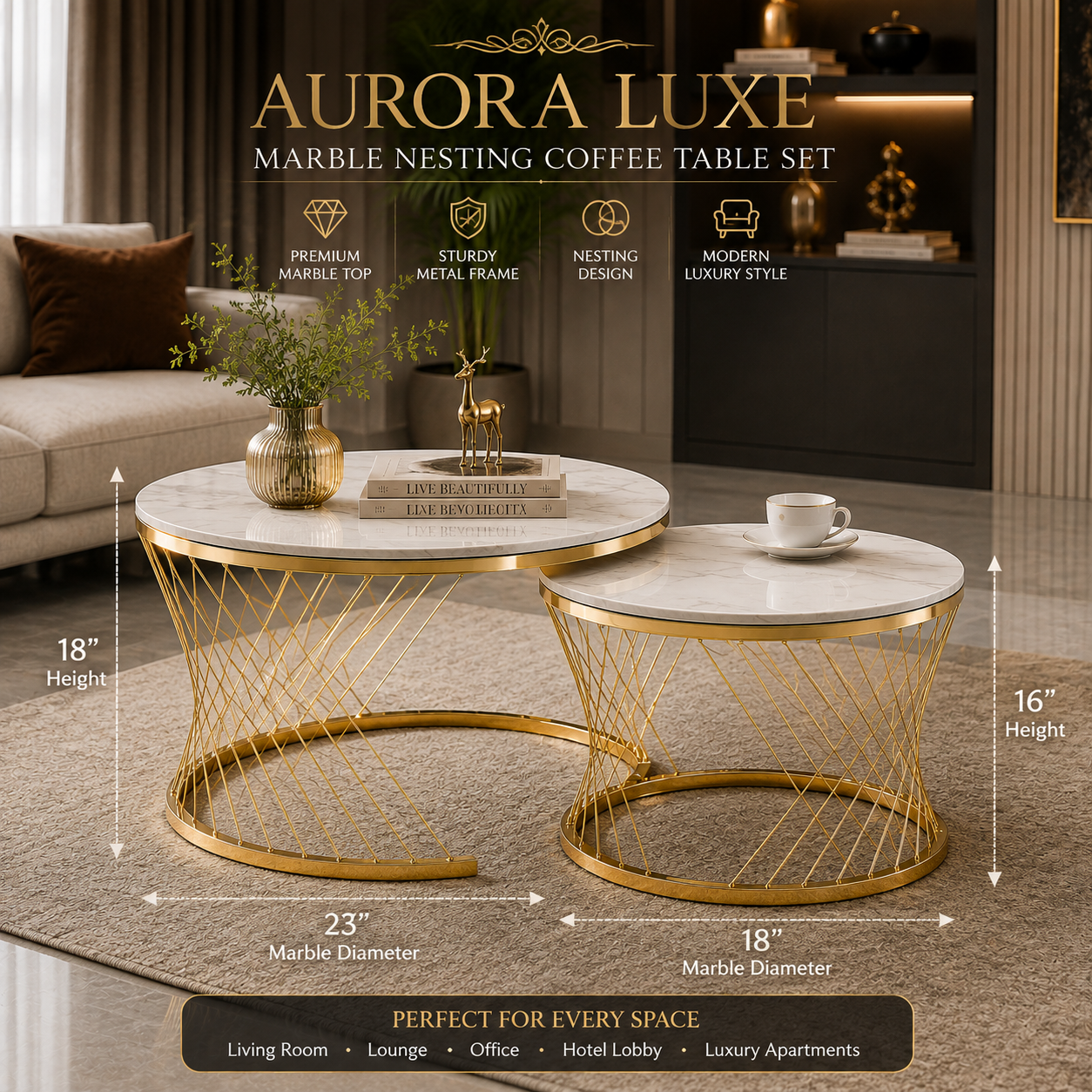 Aurora Luxe Marble Nesting Coffee Table Set | Premium Gold Metal Coffee Tables (Set of 2)