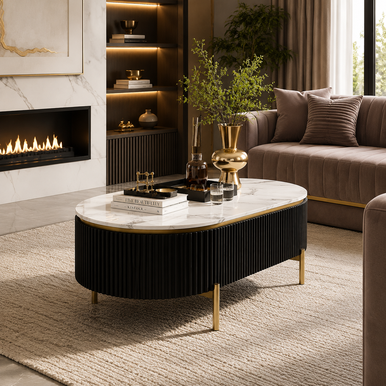 Luxury Oval Coffee Table with White MDF Top & Gold Steel Frame | Modern Center Table for Living Room
