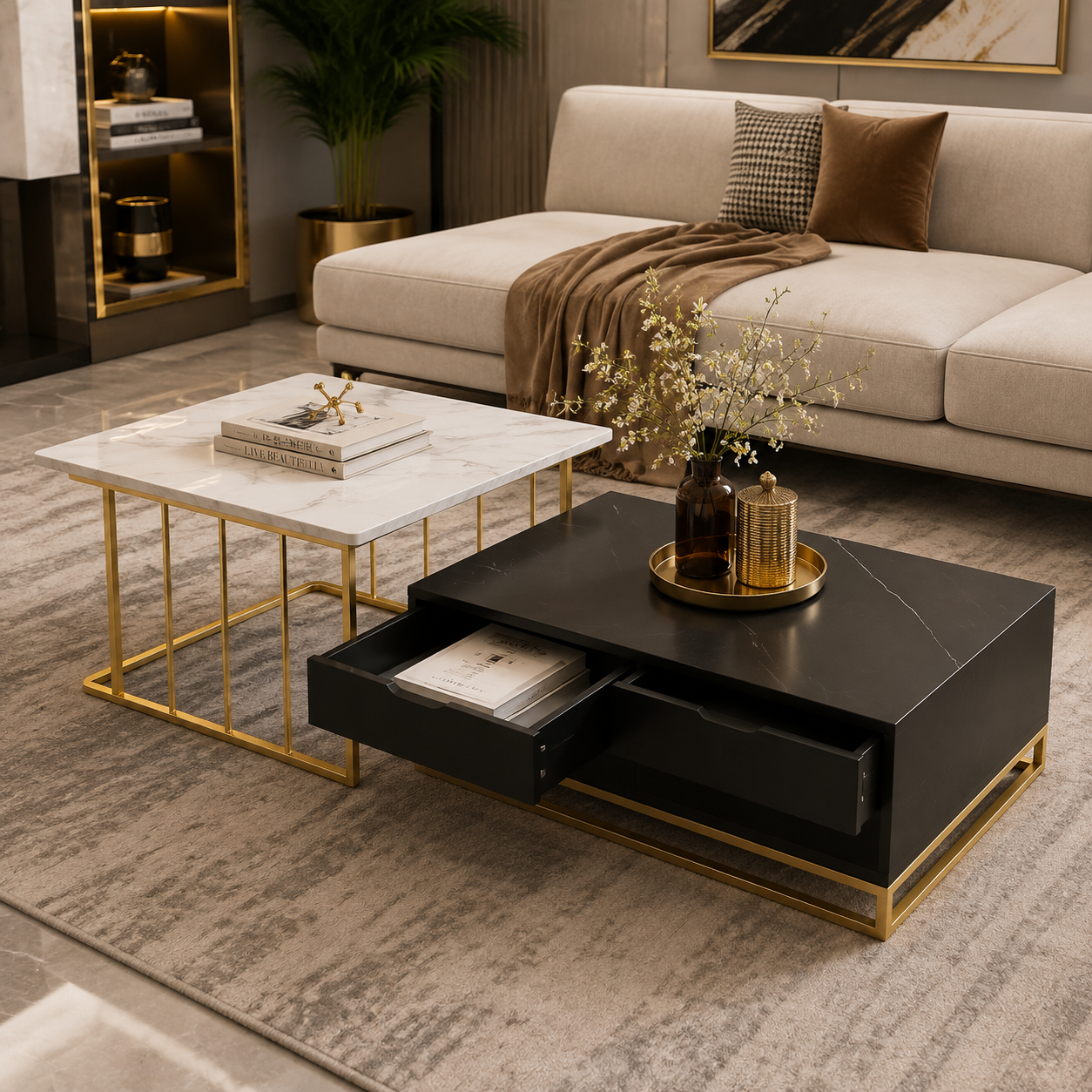 Premium Dual-Level Center Table with Premium Marble Tops & Gold Metal Frame