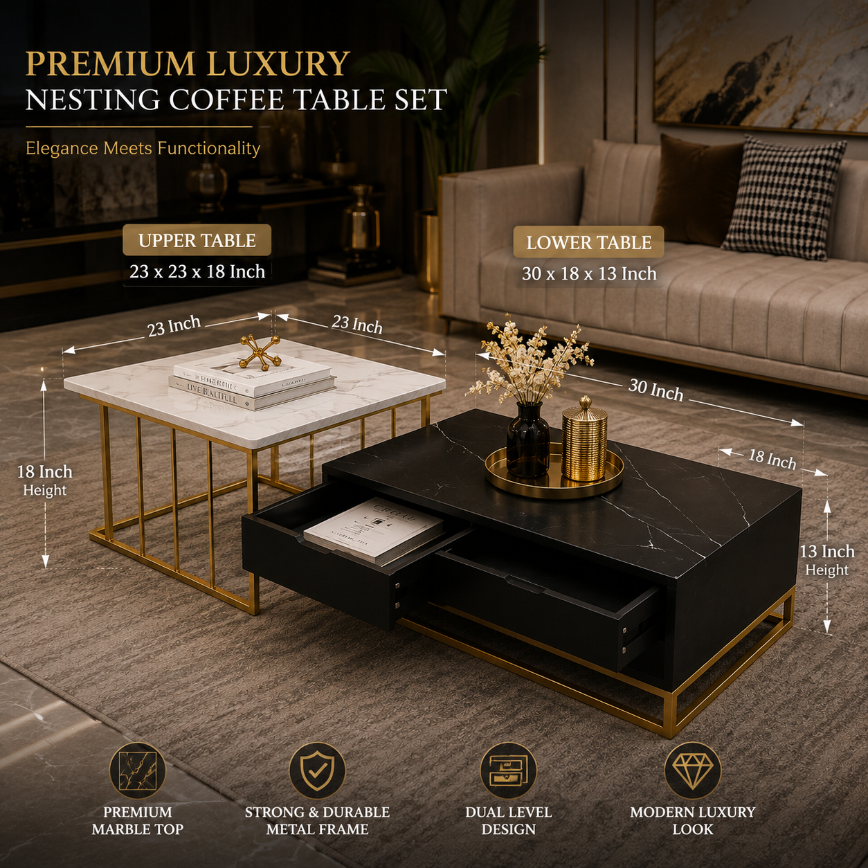 Premium Dual-Level Center Table with Premium Marble Tops & Gold Metal Frame