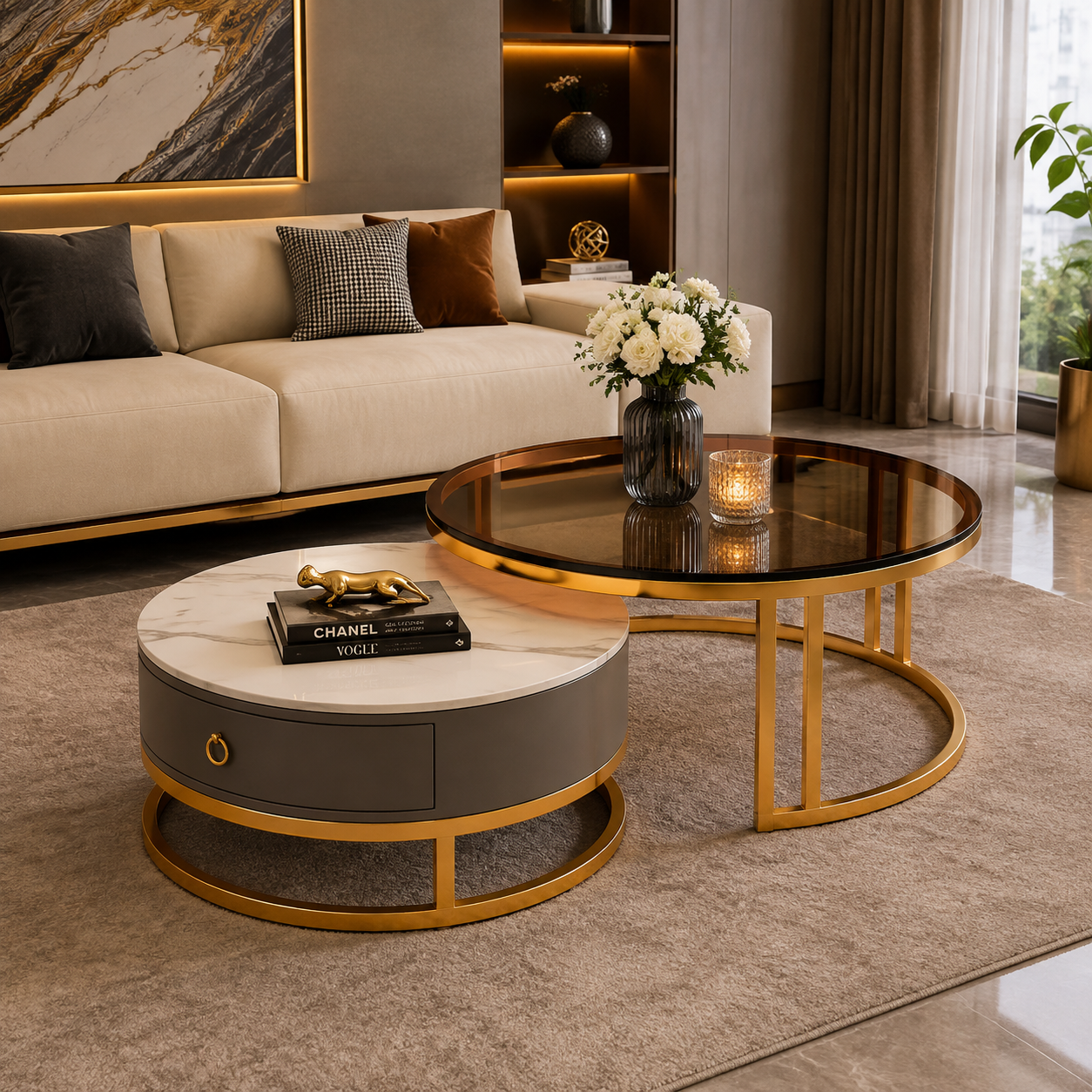 Luxury Dual-Tone Nesting Coffee Table Set with Glass & White Marble Top | Modern Gold Metal Center Tables
