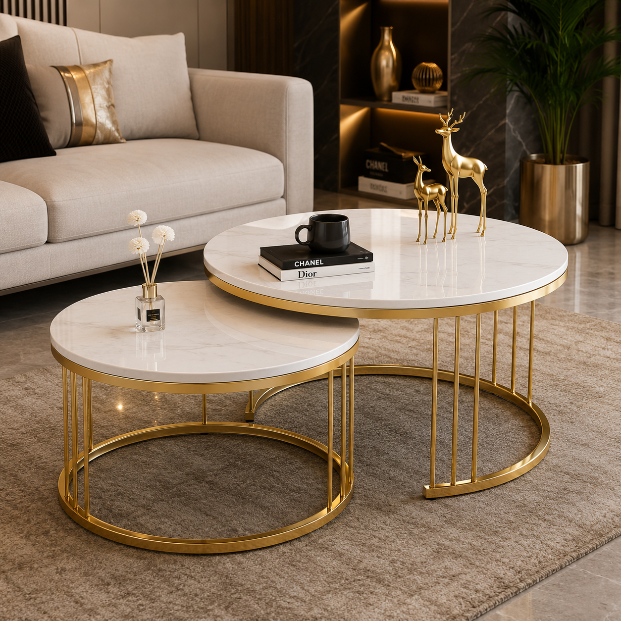 Luxury Gold Nesting Coffee Table Set with White Marble Tops | Modern Round Center Tables for Elegant Living Rooms