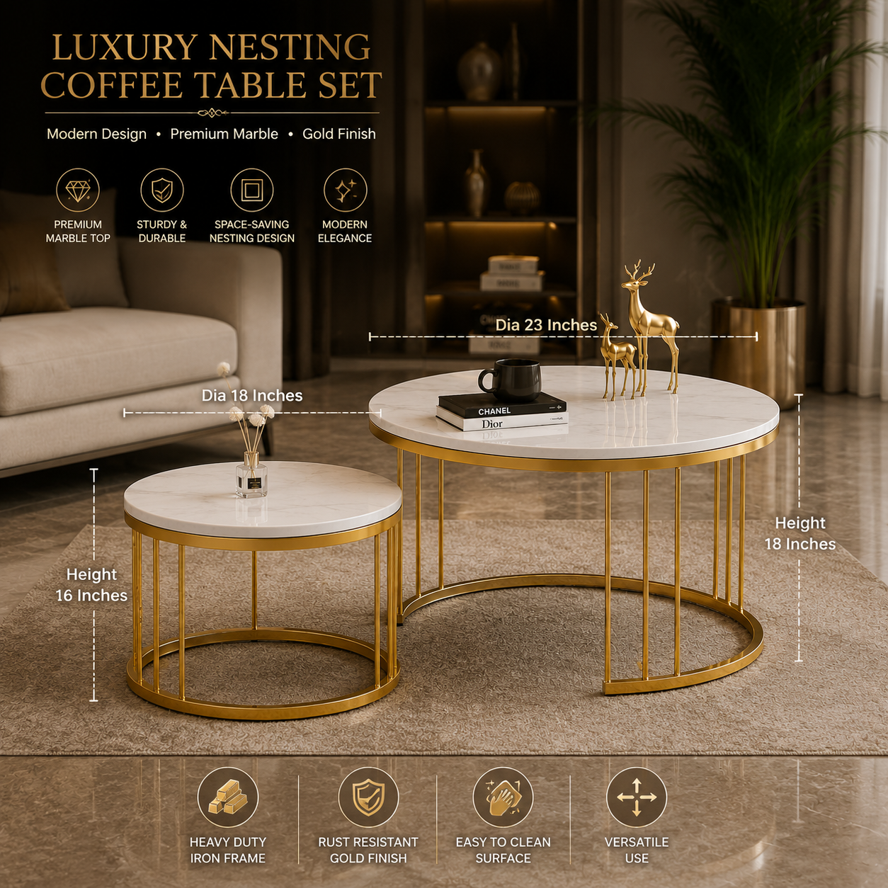 Luxury Gold Nesting Coffee Table Set with White Marble Tops | Modern Round Center Tables for Elegant Living Rooms