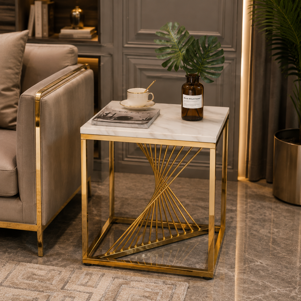 Premium Gold Spiral Marble Side Table | Modern Luxury End Table