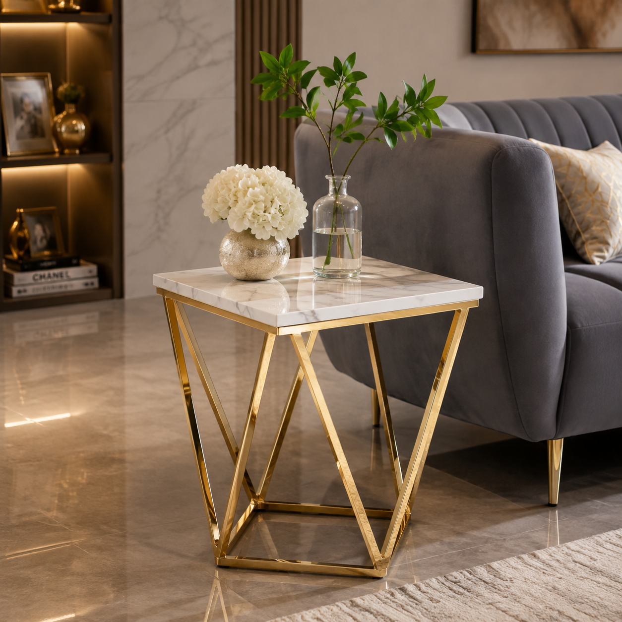 Premium Geometric Gold Marble Side Table | Luxury Modern End Table