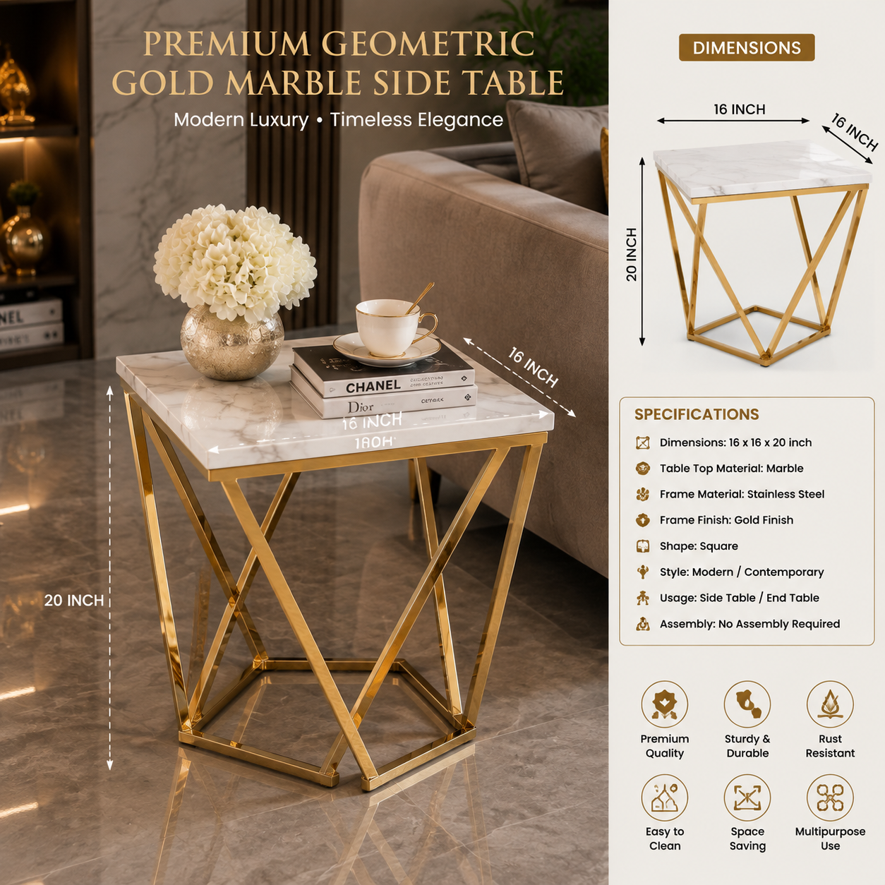 Premium Geometric Gold Marble Side Table | Luxury Modern End Table