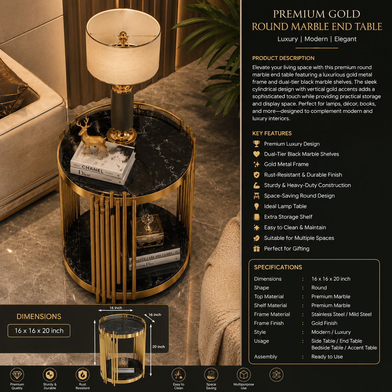 Premium Gold Round Marble End Table | Luxury Modern Side Table