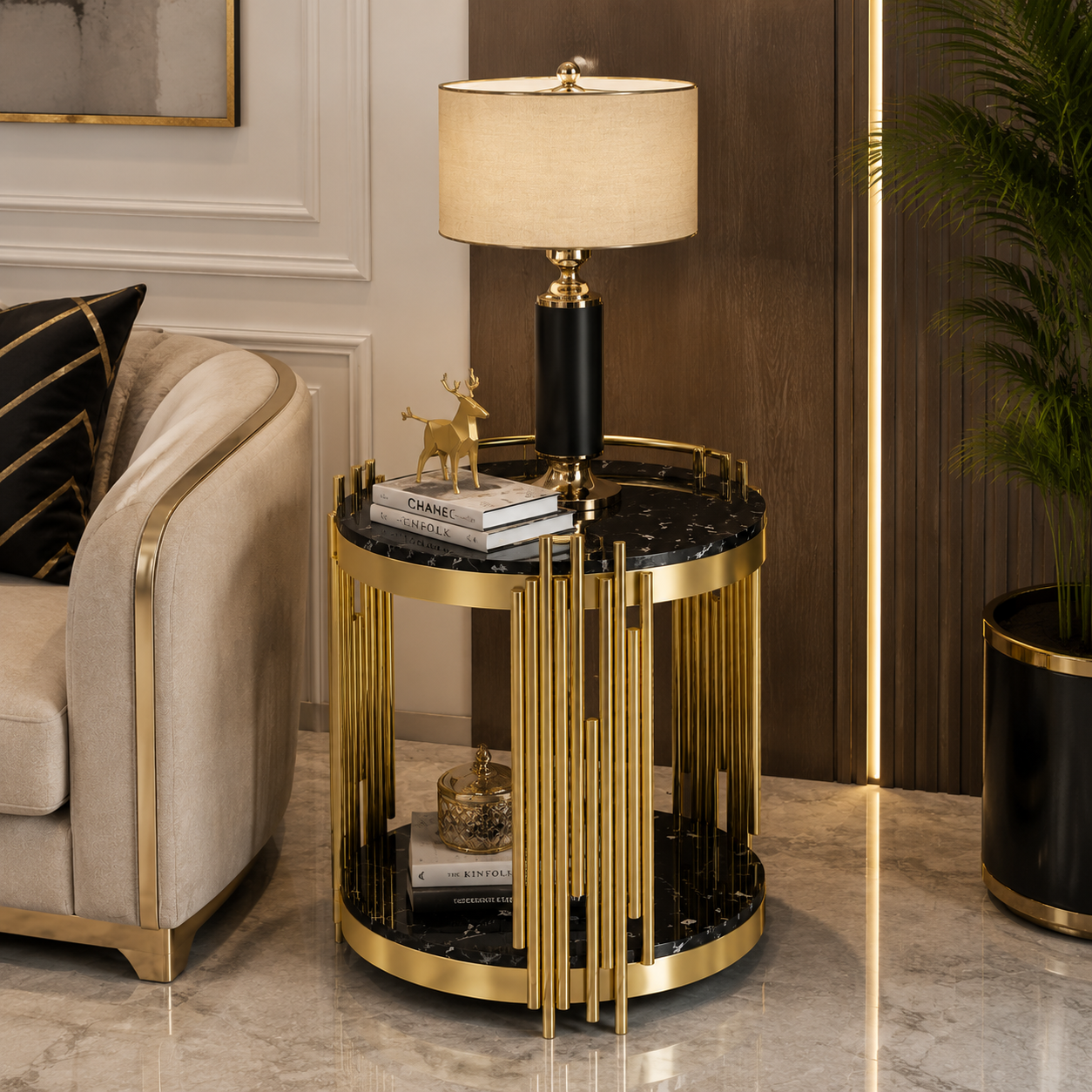 Premium Gold Round Marble End Table | Luxury Modern Side Table