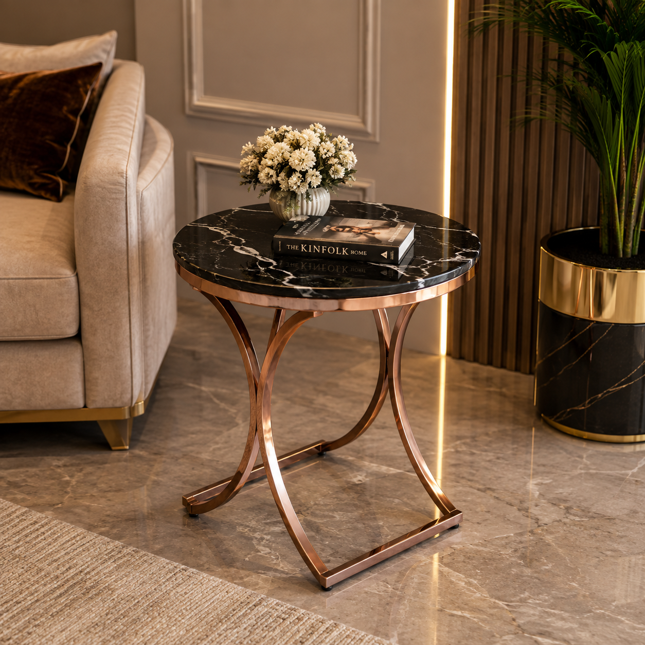 Premium Rose Gold Marble Side Table | Luxury Modern Accent End Table