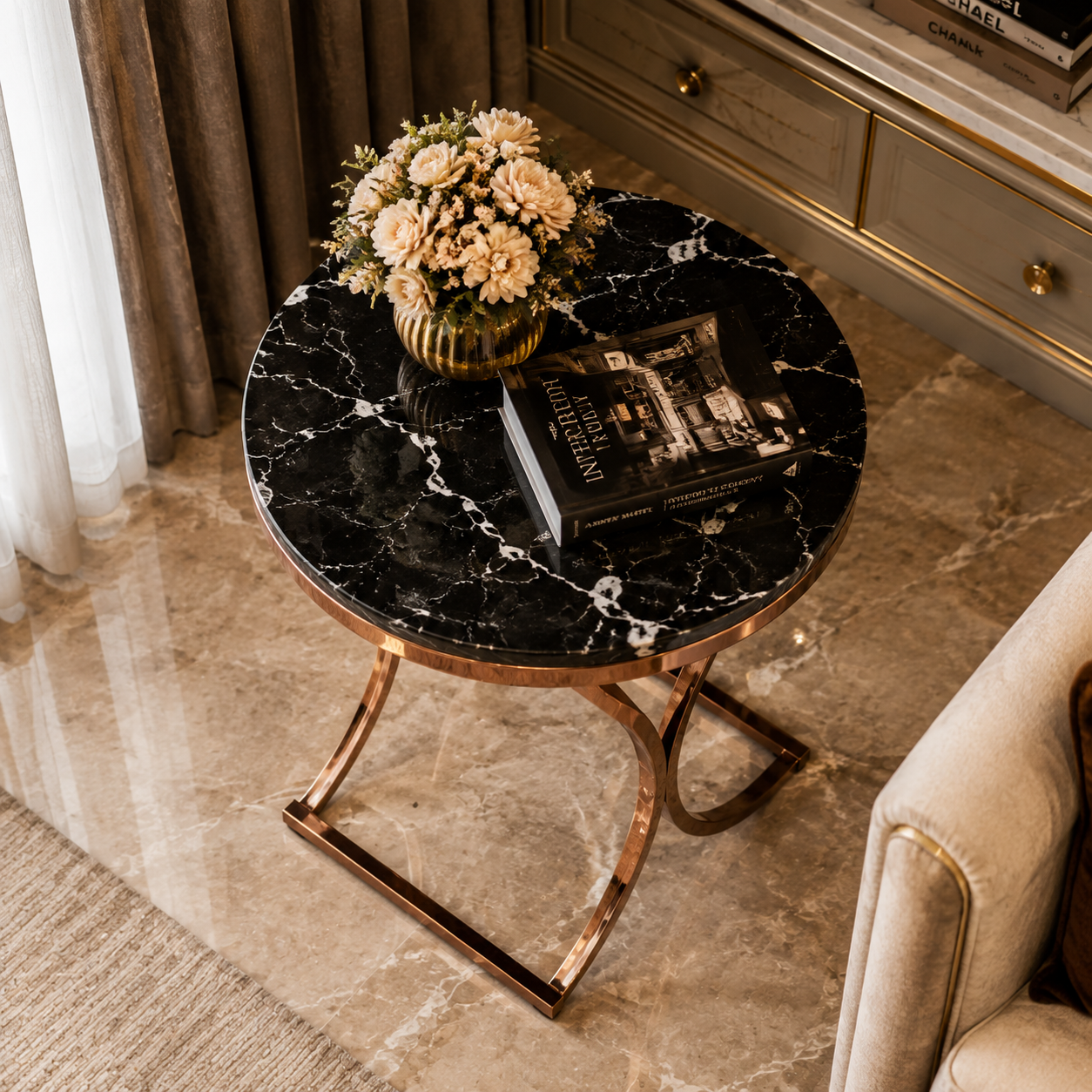 Premium Rose Gold Marble Side Table | Luxury Modern Accent End Table