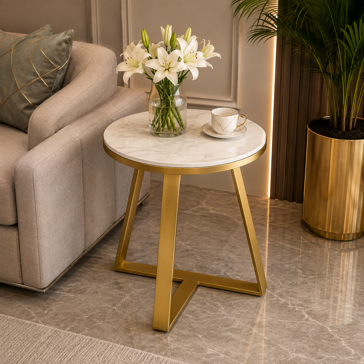 Premium Gold Marble Side Table | Modern Luxury Round End Table