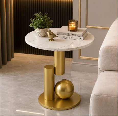 Premium Gold Pedestal Marble Side Table | Modern Luxury Accent End Table