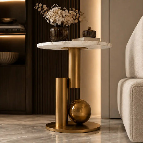 Premium Gold Pedestal Marble Side Table | Modern Luxury Accent End Table