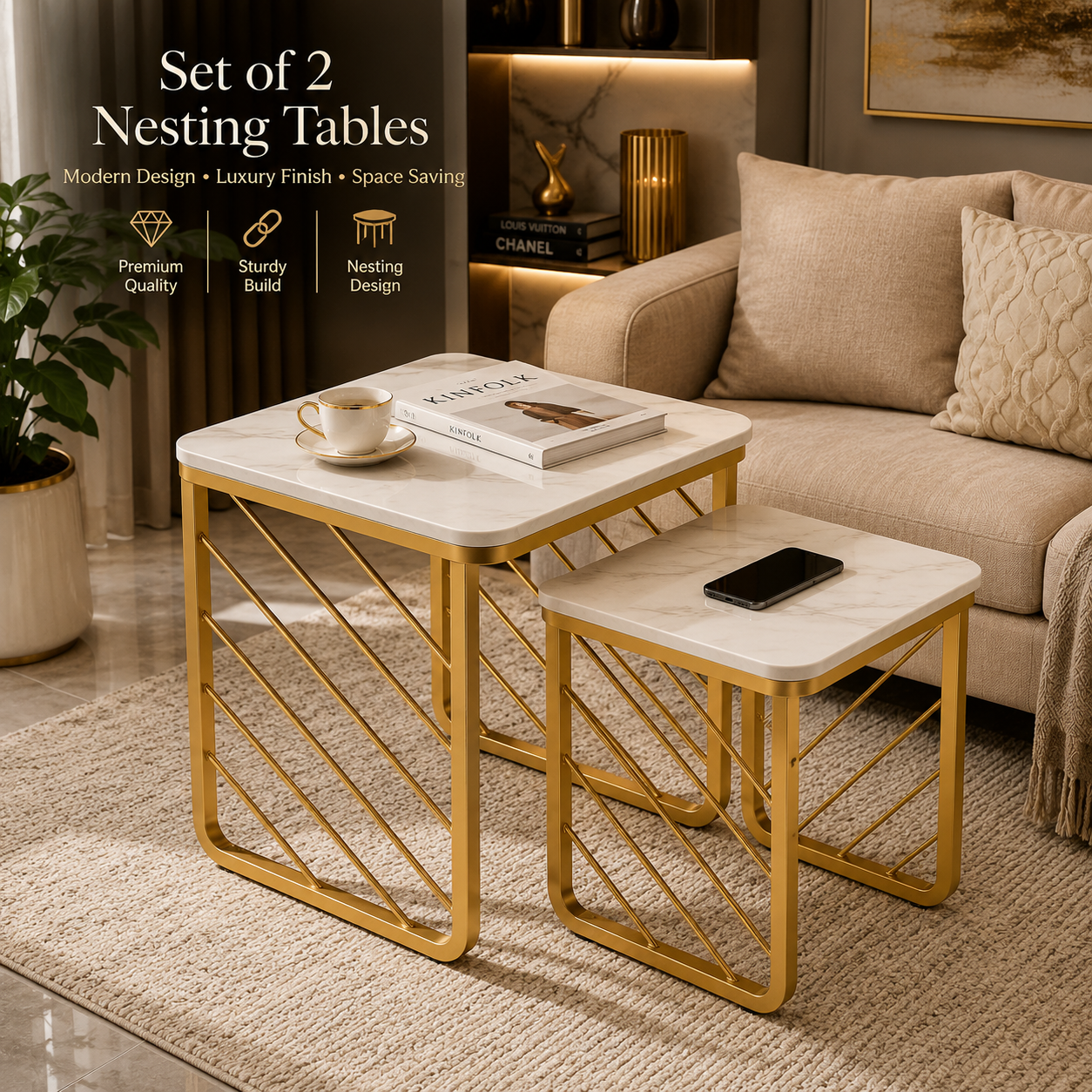 Premium Set of 2 Gold Nesting Tables | Modern Luxury Marble Coffee Table Set