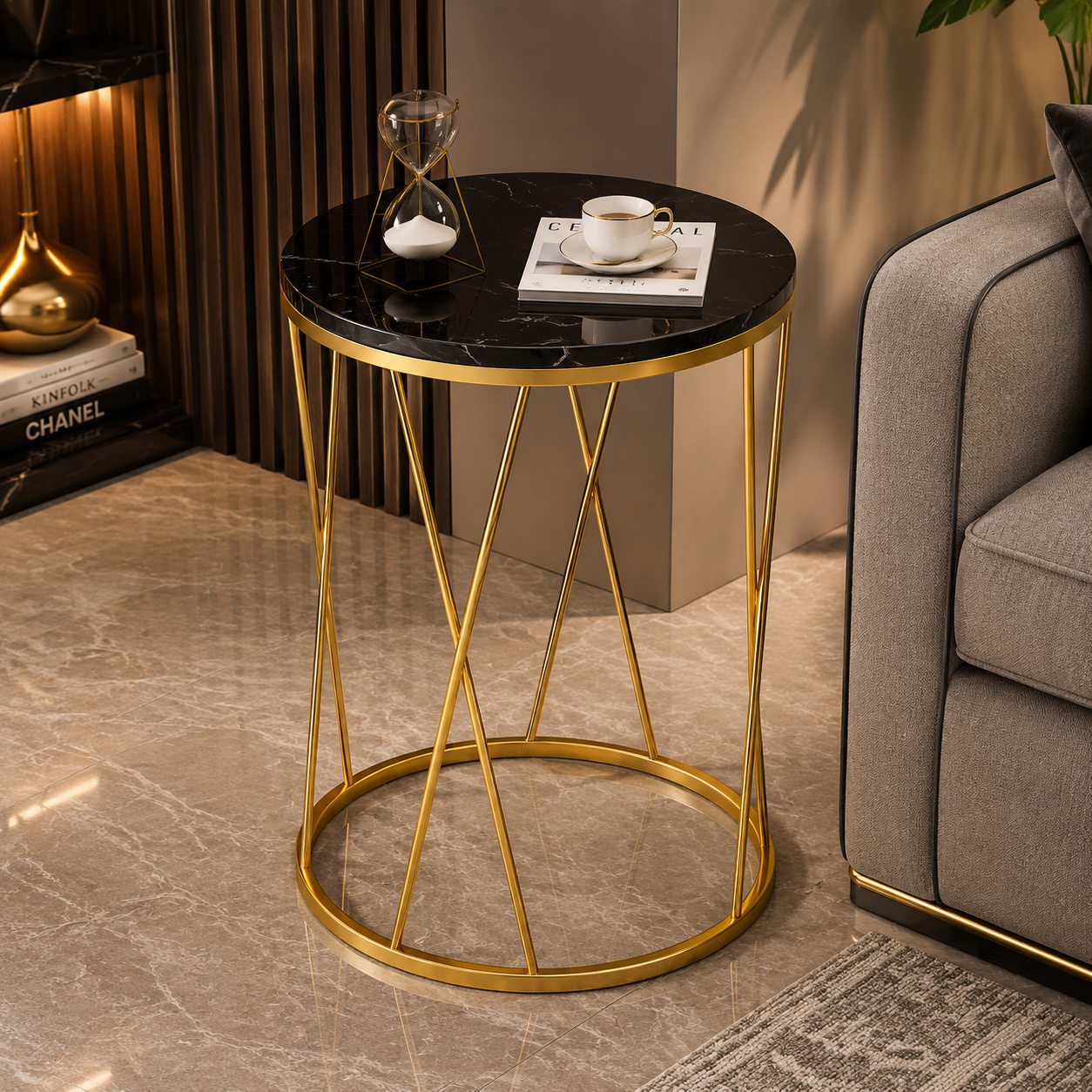 Premium Gold Round Marble Side Table | Modern Luxury Accent End Table