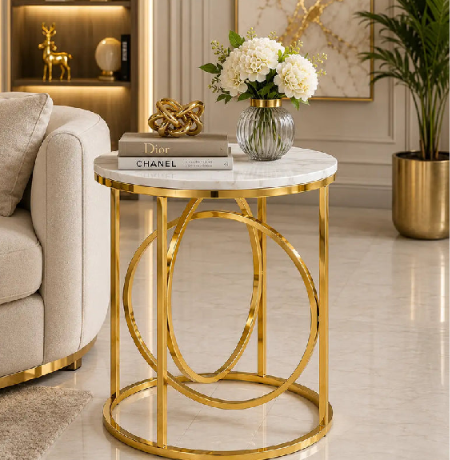 Premium Gold Marble Accent Side Table | Modern Luxury Round End Table