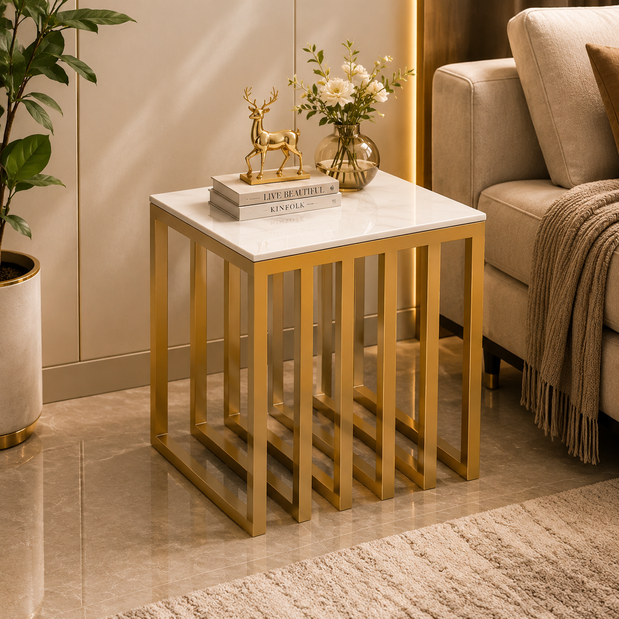 Premium Gold Marble Side Table | Modern Luxury Square Accent End Table