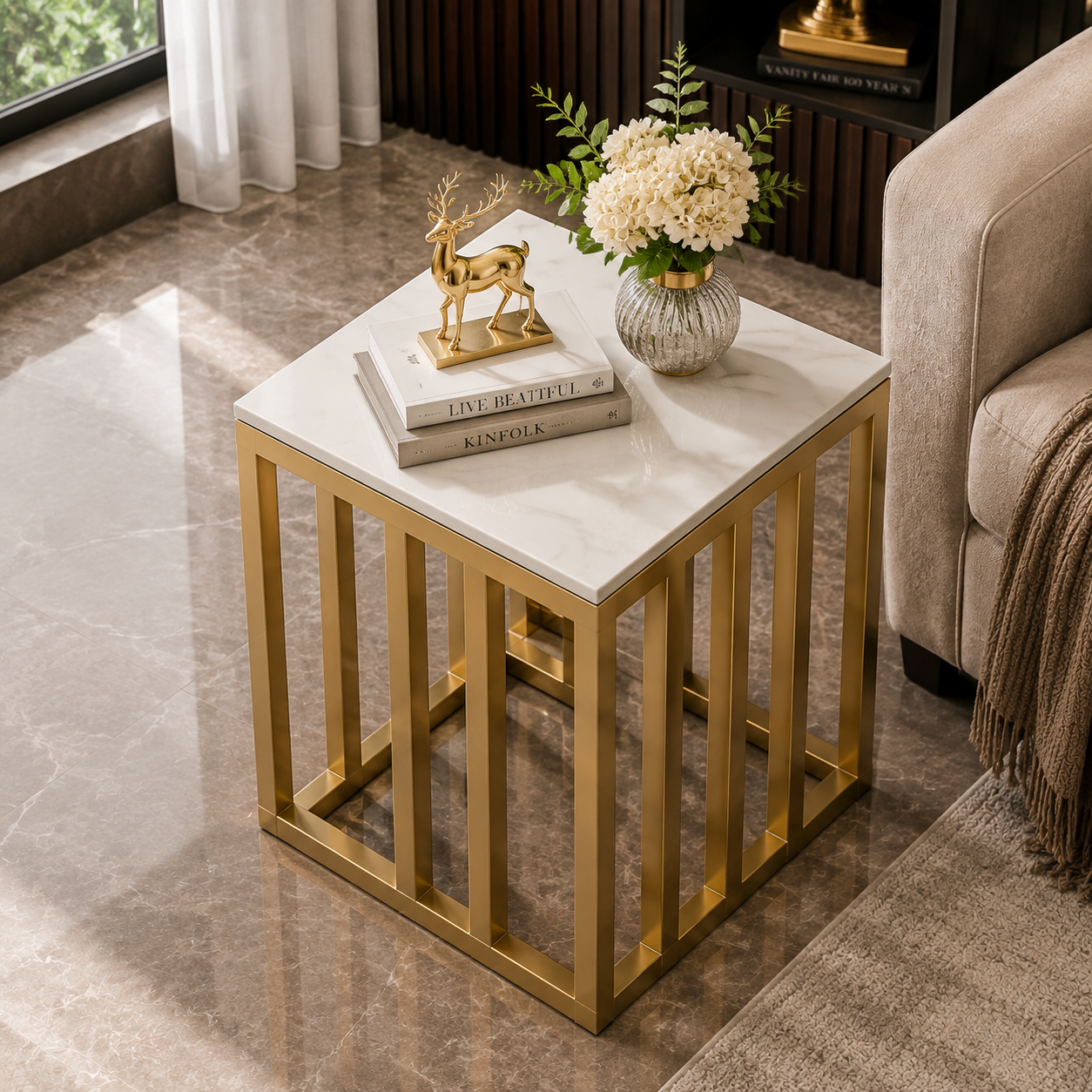 Premium Gold Marble Side Table | Modern Luxury Square Accent End Table