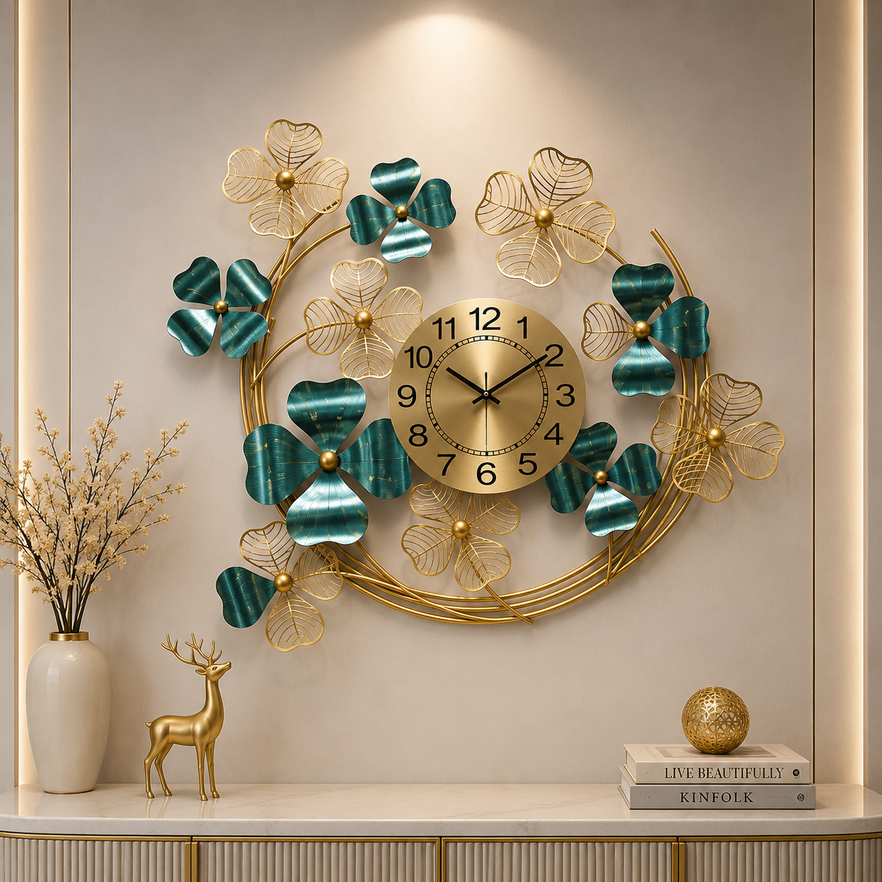 Emerald Blossom Luxury Floral Wall Clock – Handcrafted Gold & Teal Metal Statement Décor