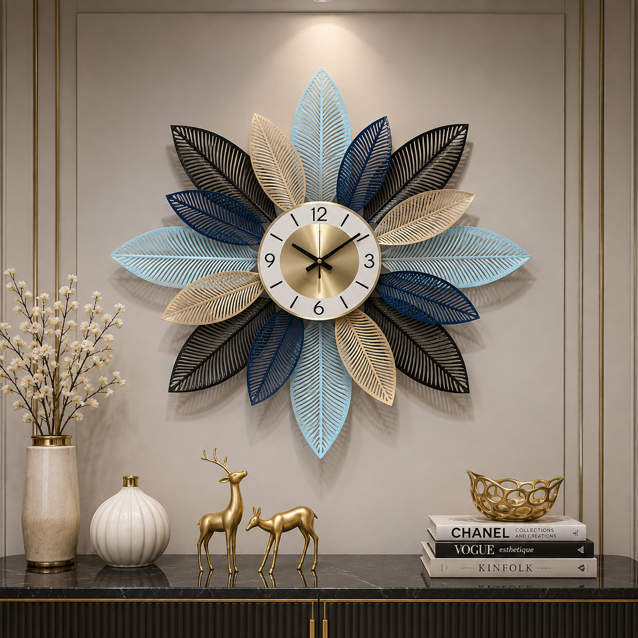 Nordic Bloom Luxury Metal Wall Clock – Blue & Gold Floral Designer Statement Décor