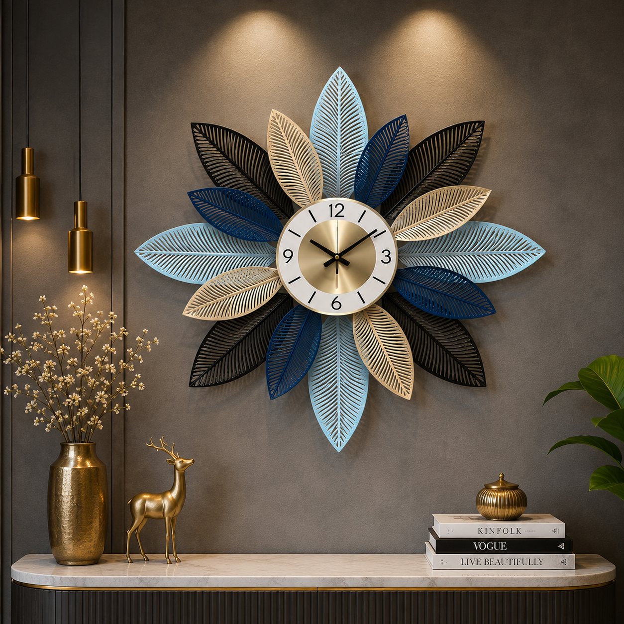 Nordic Bloom Luxury Metal Wall Clock – Blue & Gold Floral Designer Statement Décor