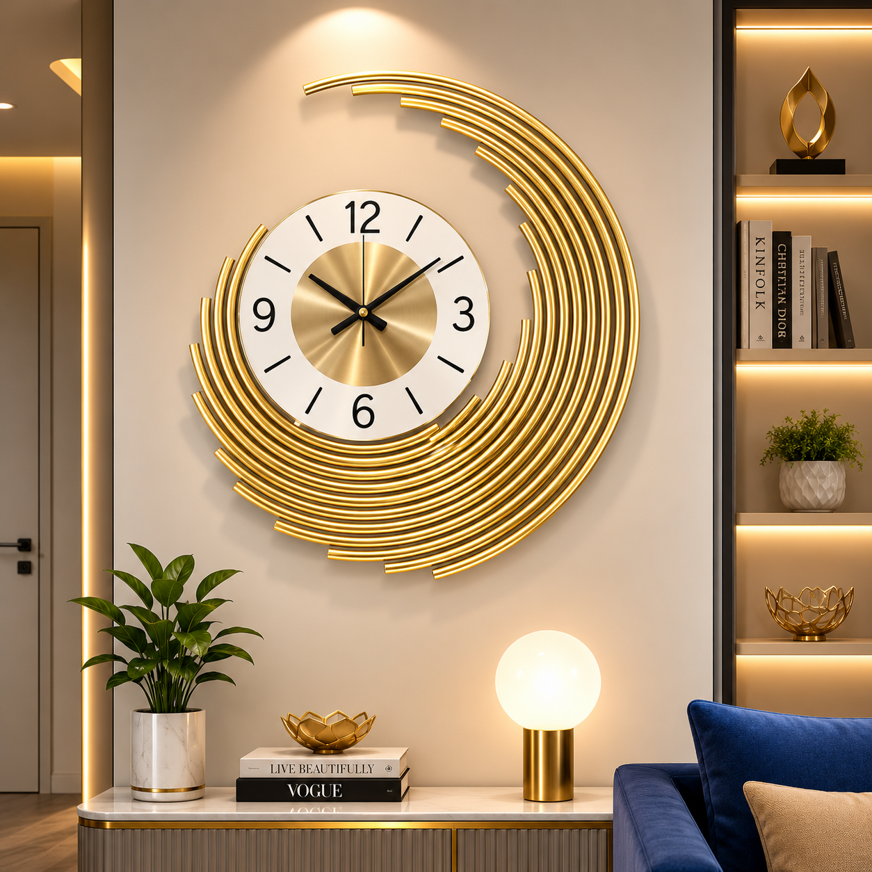 Luxe Arc Gold Metal Wall Clock – Modern Minimalist Designer Statement Décor