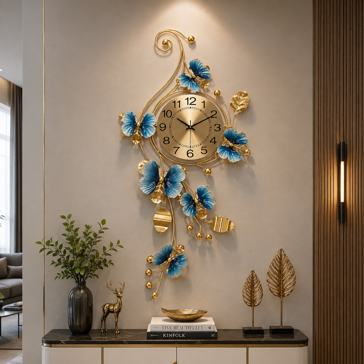 Royal Blue Blossom Luxury Wall Clock – Gold Floral Designer Metal Statement Décor