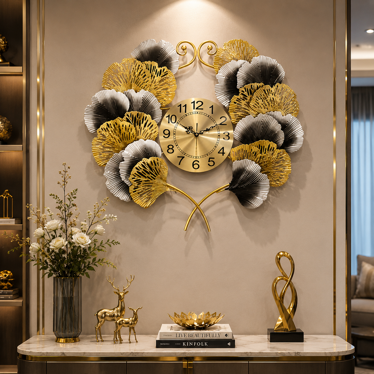 Regal Bloom Luxe Wall Clock – Gold & Silver Floral Metal Designer Statement Clock