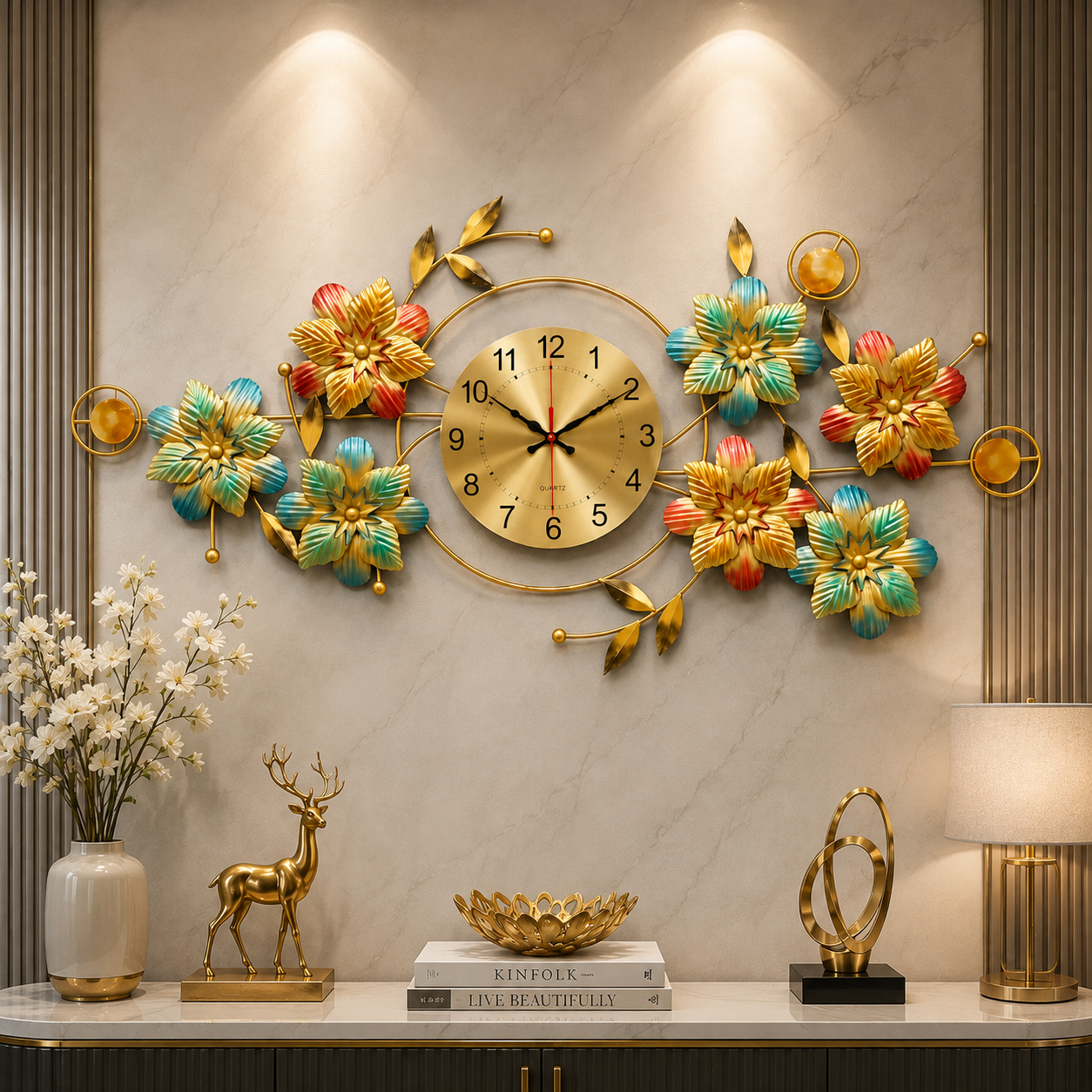 Regal Blossom Luxe Wall Clock – Teal, Coral & Gold Floral Designer Statement Décor