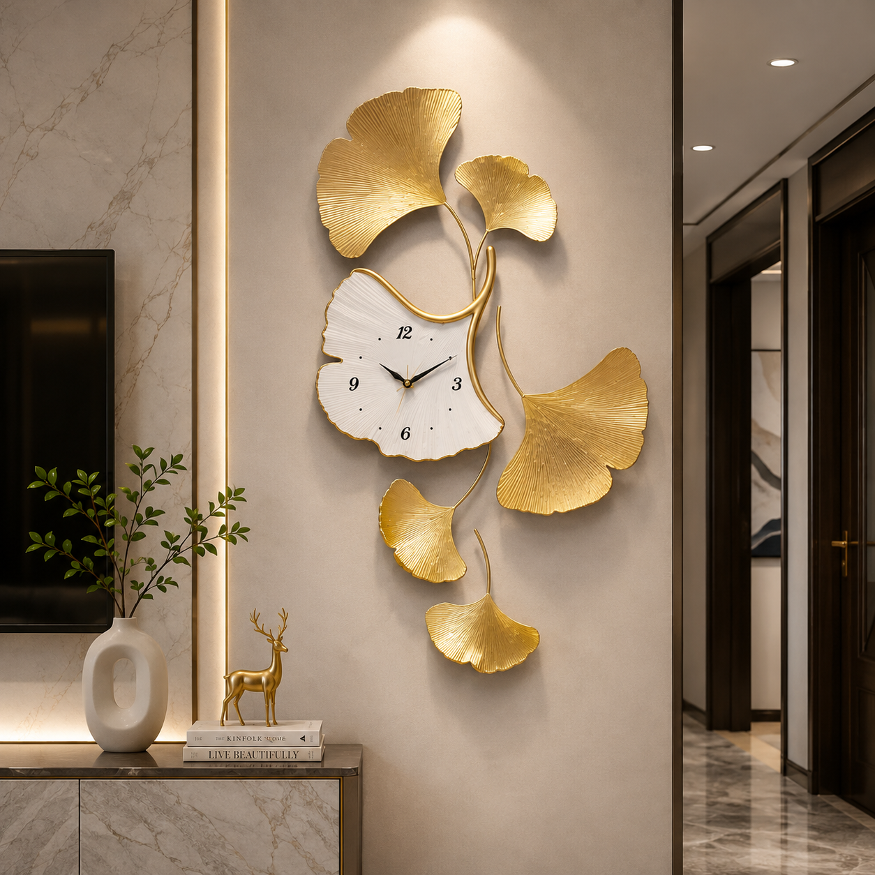 Ginkgo Royale Luxury Gold Wall Clock – Sculptural Leaf Design with Elegant White Dial