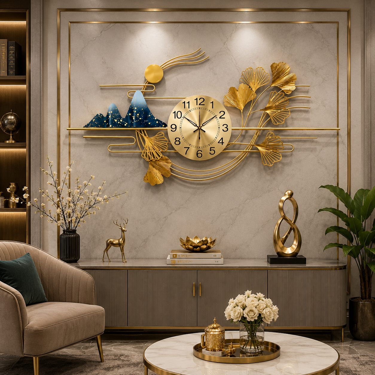 Luxe Ginkgo Horizon Wall Clock – Gold Botanical Sculptural Designer Clock with Blue Mountain Accents