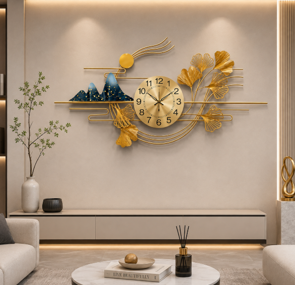 Luxe Ginkgo Horizon Wall Clock – Gold Botanical Sculptural Designer Clock with Blue Mountain Accents