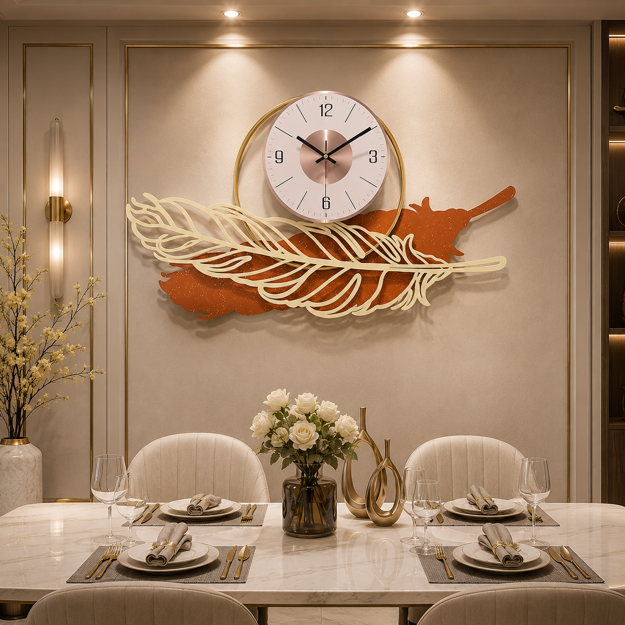 Royal Feather Luxe Wall Clock – Gold & Terracotta Sculptural Designer Clock