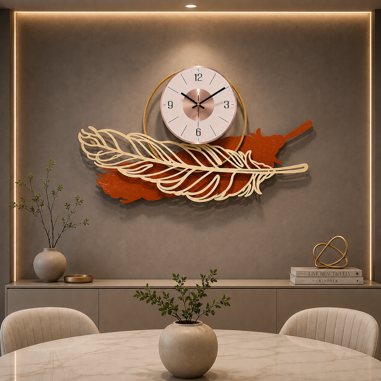 Royal Feather Luxe Wall Clock – Gold & Terracotta Sculptural Designer Clock