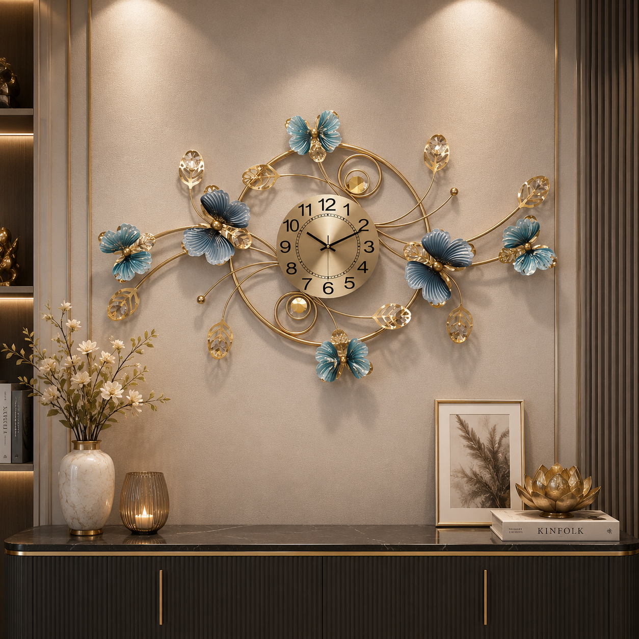 Azure Blossom Royale Wall Clock – Elegant Gold & Blue Floral Designer Statement Clock
