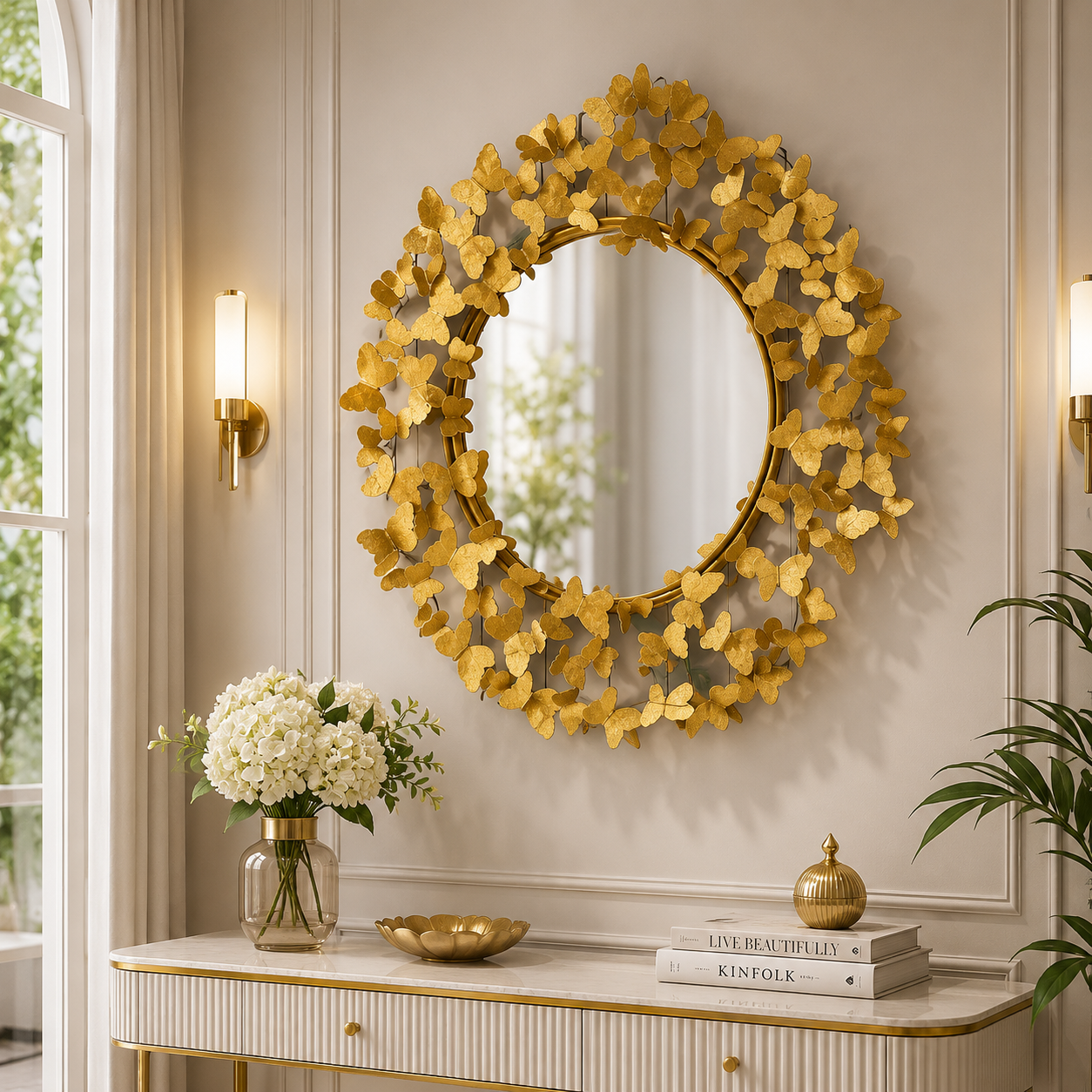 Golden Butterfly Wall Mirror – Luxury 3D Sculptural Accent Mirror for Elegant Interiors