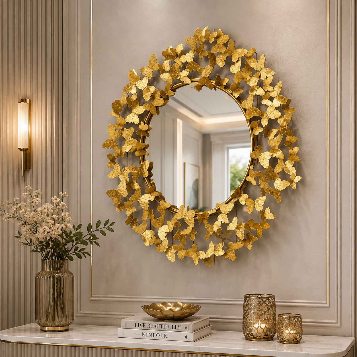 Golden Butterfly Wall Mirror – Luxury 3D Sculptural Accent Mirror for Elegant Interiors