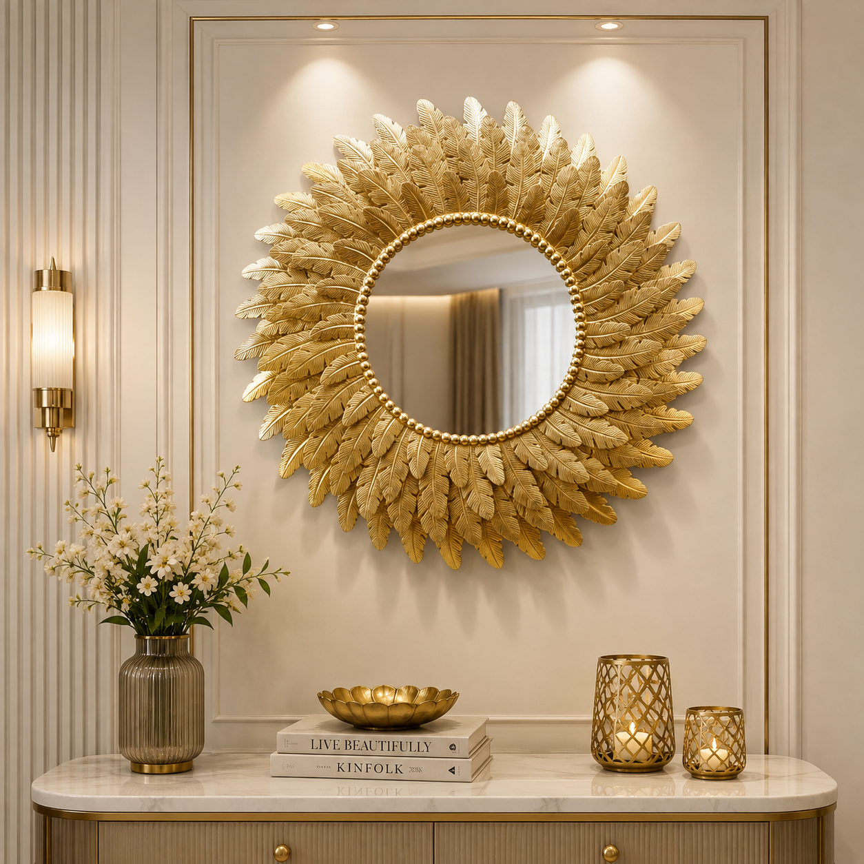 Luxury Golden Leaf Sunburst Wall Mirror