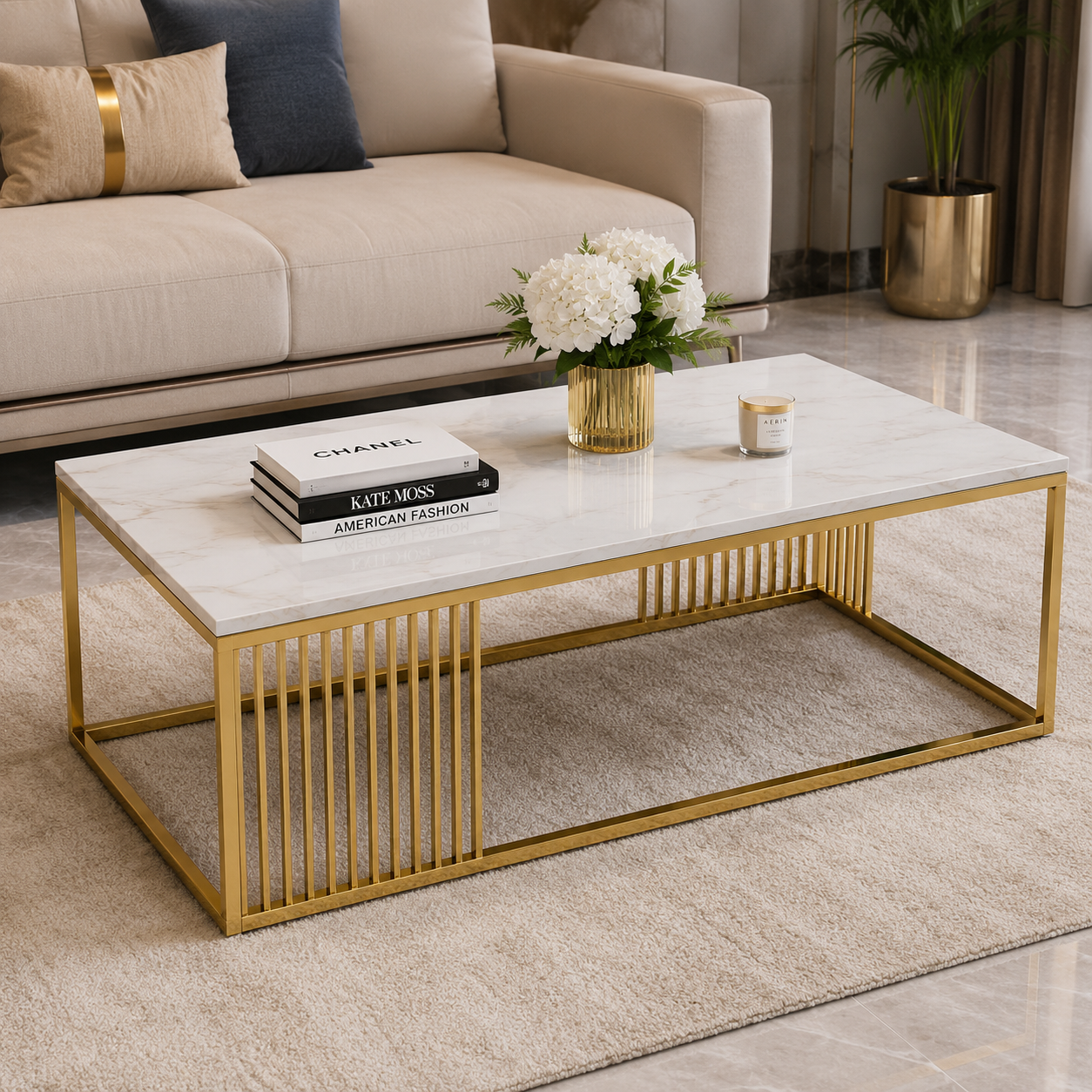 Luxe Goldline Marble Center Table – Modern Designer Coffee Table