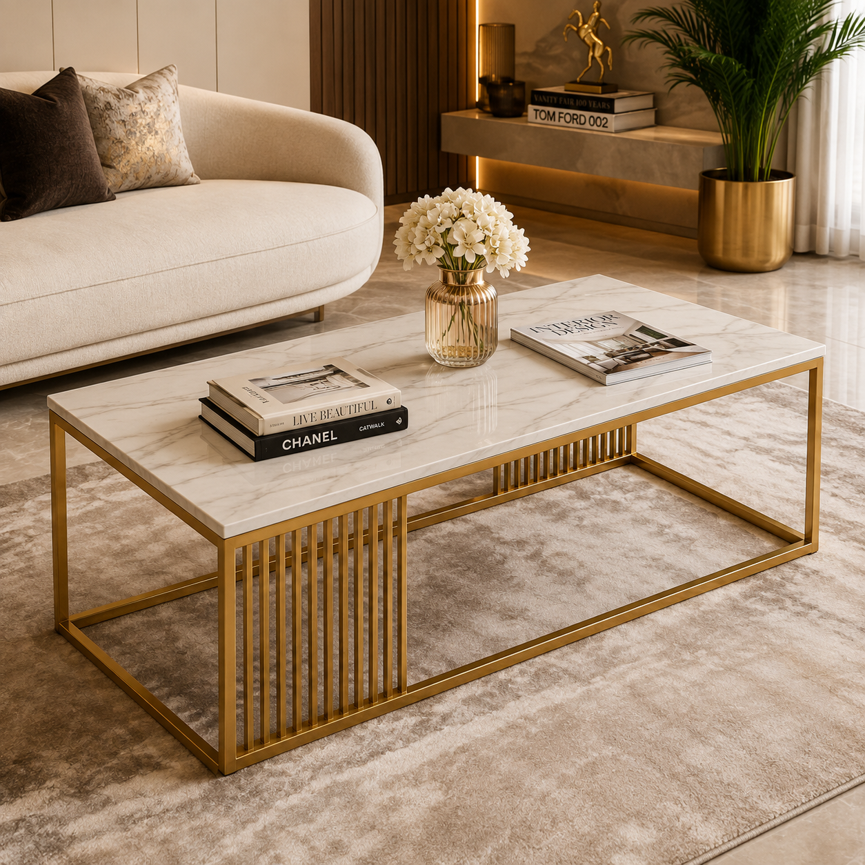 Luxe Goldline Marble Center Table – Modern Designer Coffee Table