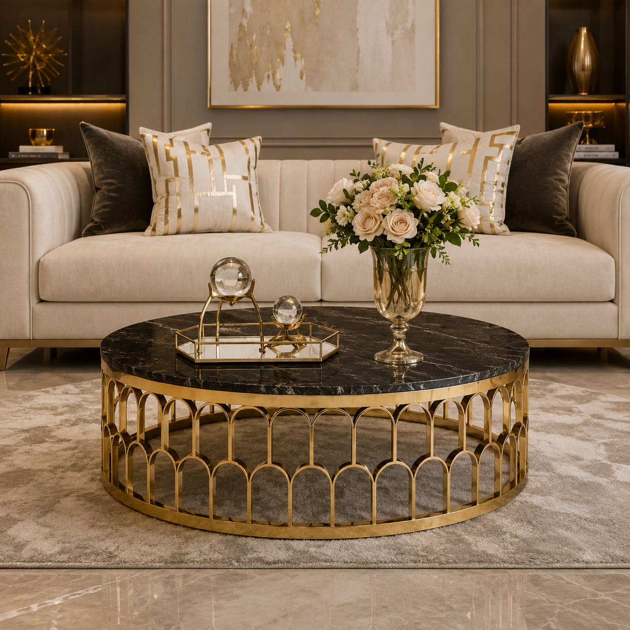 Regal Arch Luxe Coffee Table – Black Marble & Gold Designer Centre Table