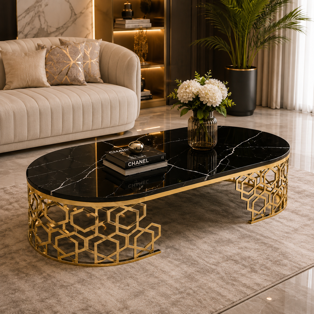 Luxury Geometric Gold & Black Marble Oval Center Table