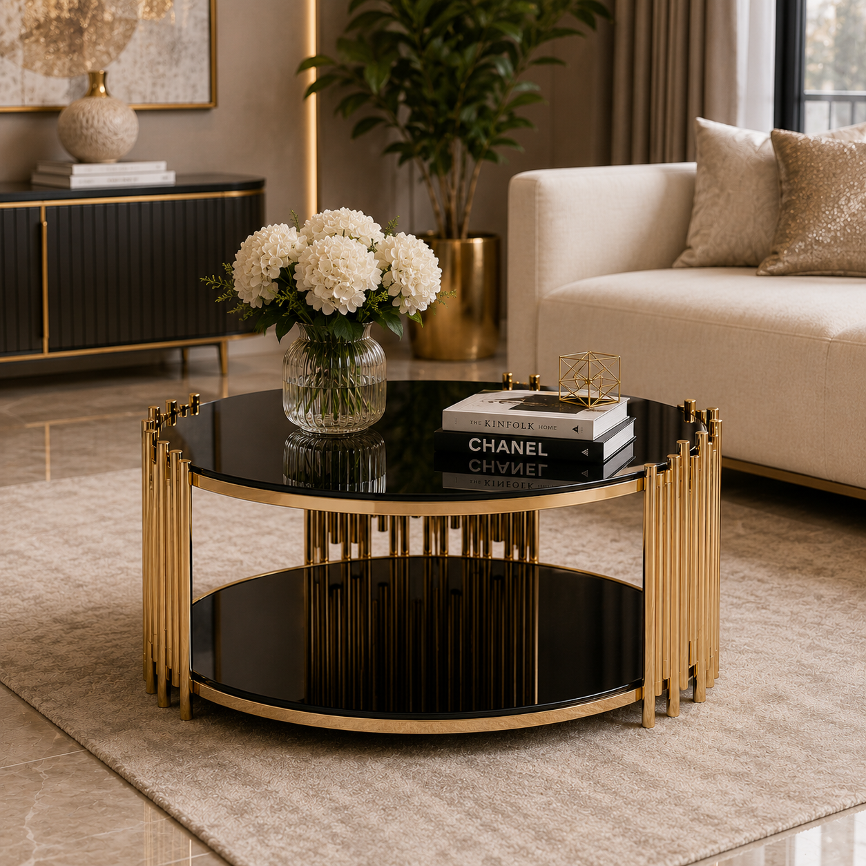 Regal Gold Round Center Table – Luxury Double-Tier Statement Design