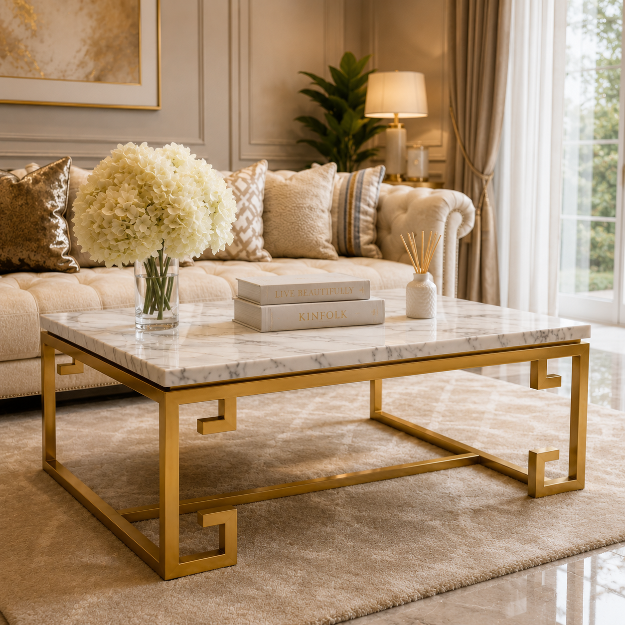 Luxe Marble Elegance Coffee Table – Contemporary Gold Geometric Accent Table for Modern Interiors