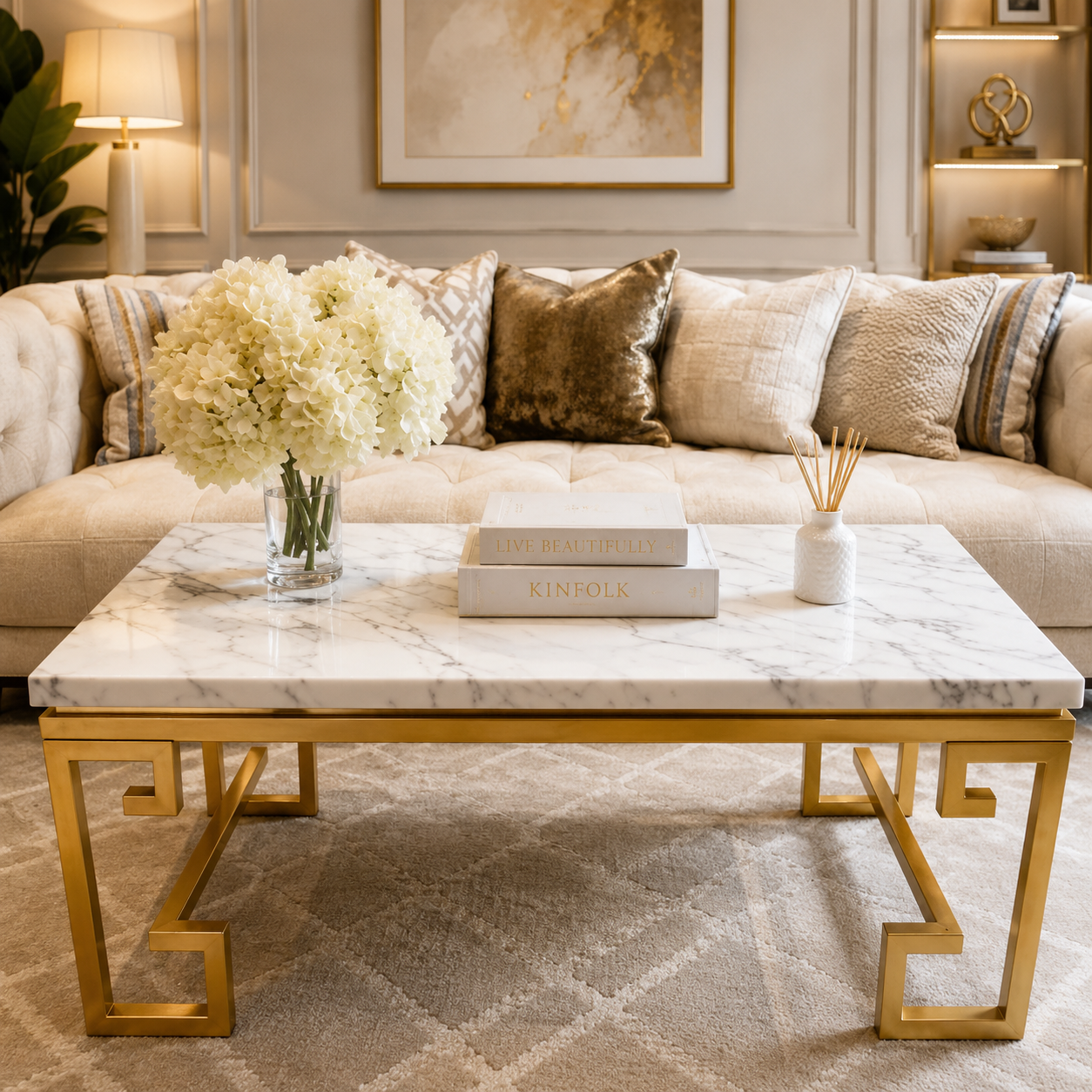 Luxe Marble Elegance Coffee Table – Contemporary Gold Geometric Accent Table for Modern Interiors