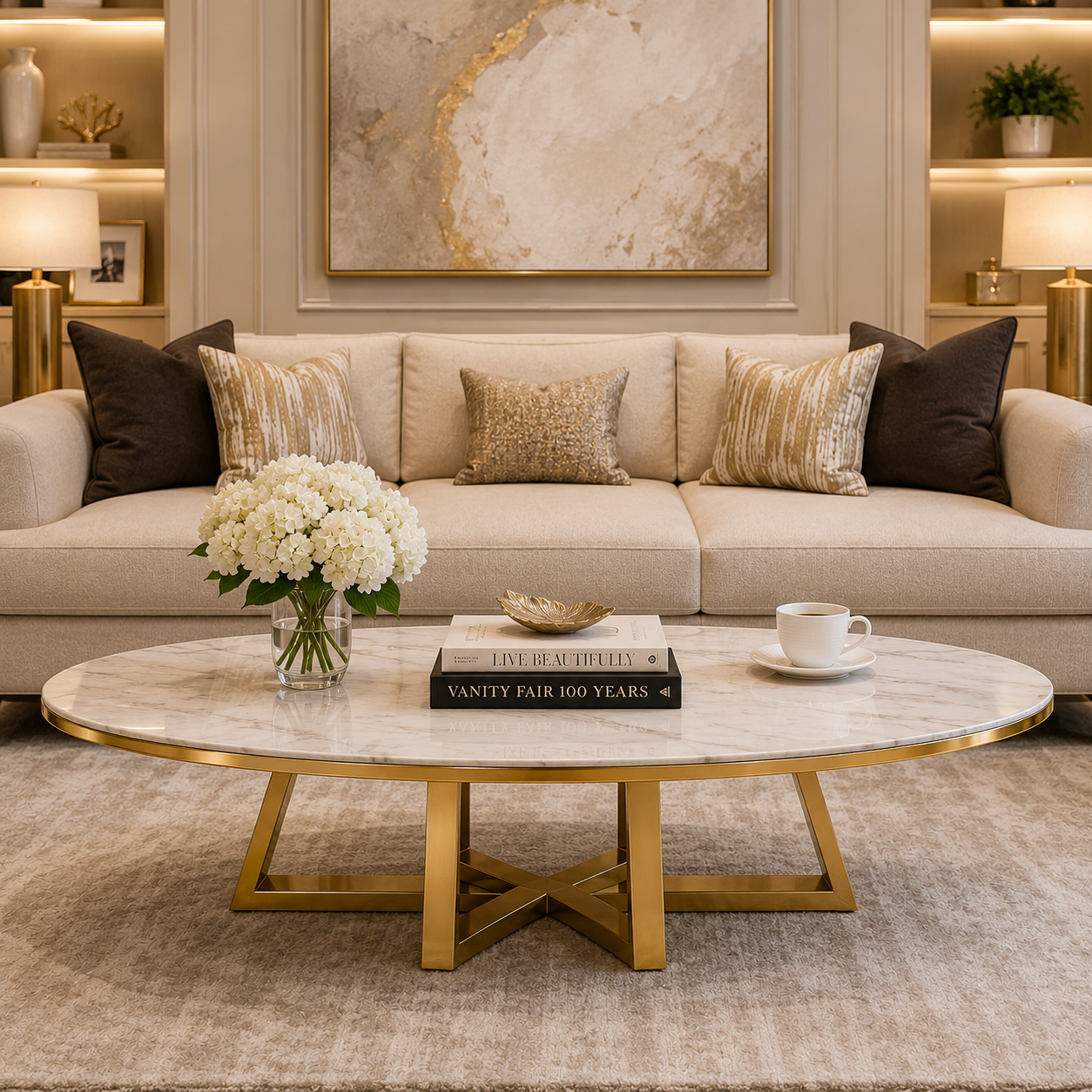 Luxe Oval Marble Center Table – Gold Trim Contemporary Designer Center Table