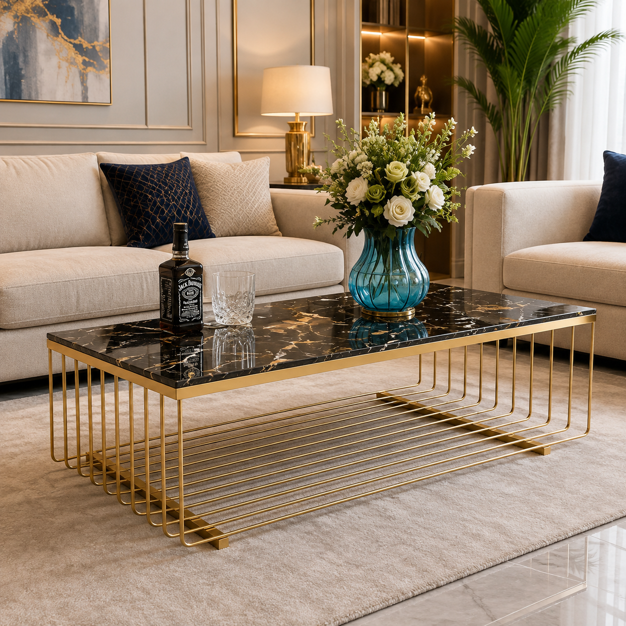 Luxe Noir Marble Center Table – Gold Geometric Open-Frame Designer Center Table