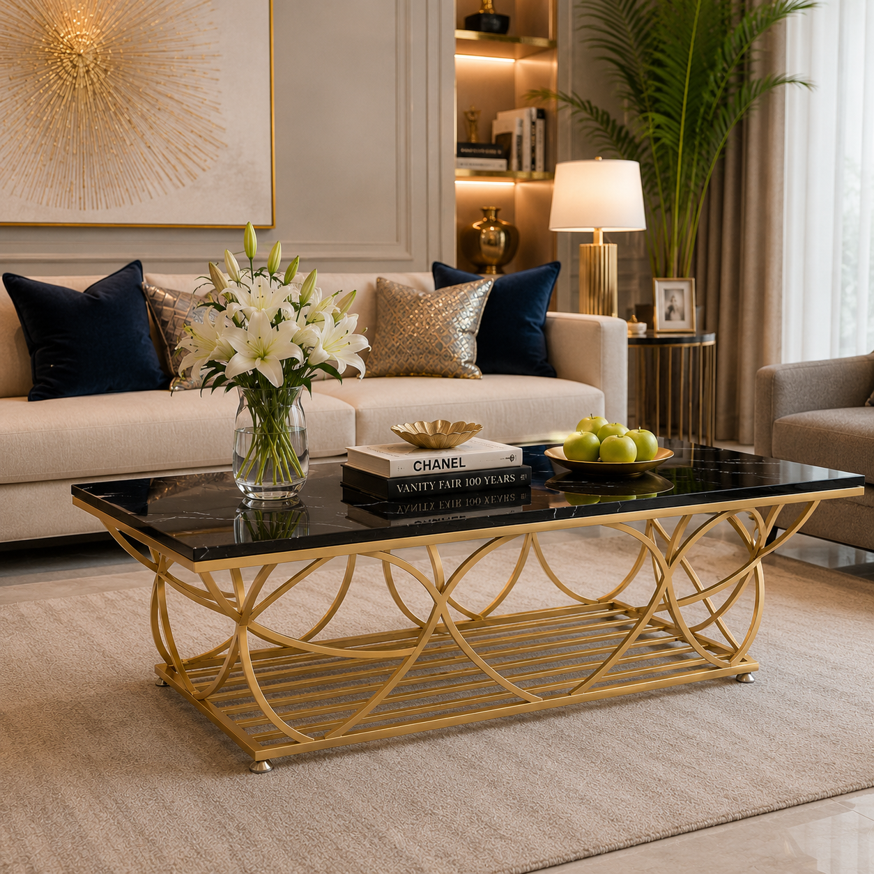Luxe Black Glass Center Table – Gold Sculptural Geometric Designer Center Table