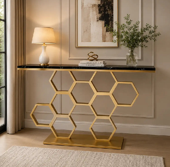 Luxury Gold Honeycomb Console Table with Black Marble Top