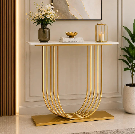 Premium Interlocking Gold Base Console Table with Marble Top – Modern Luxury Entryway & Hallway Table